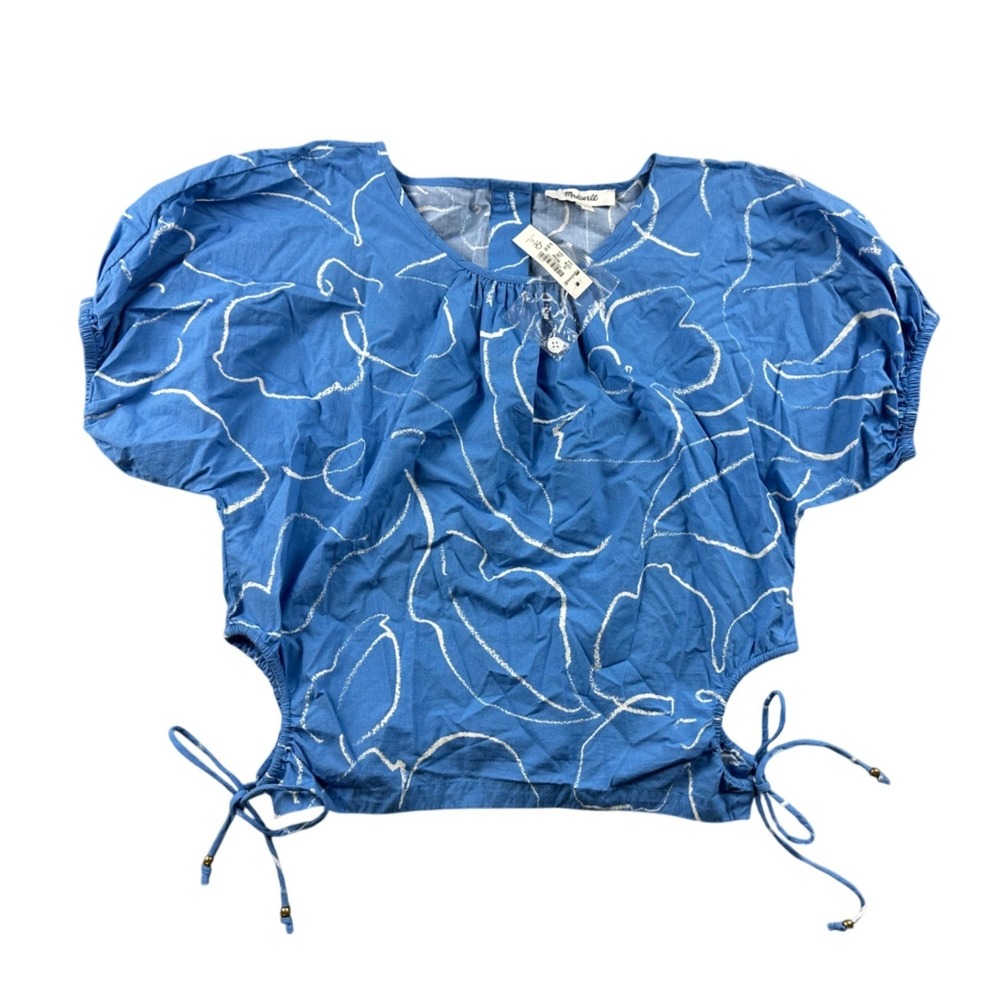 Madewell Poplin Puff Sleeve Cutout Crop Top Women XS Blue Ornamental Floral